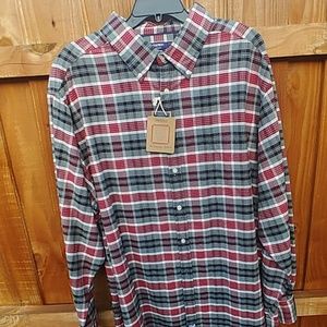 Red grey and white collard shirt